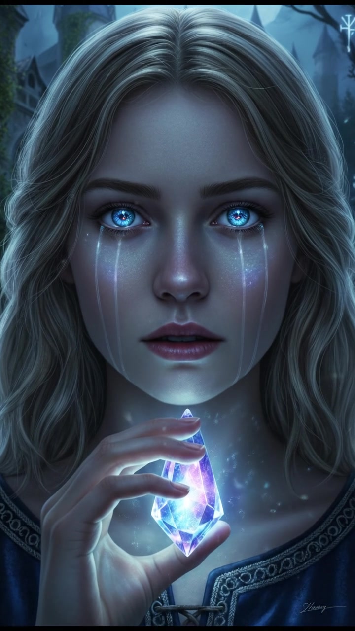 A close-up of Ashley’s face illuminated by the glow of the crystal tear, with eyes reflecting its color.
