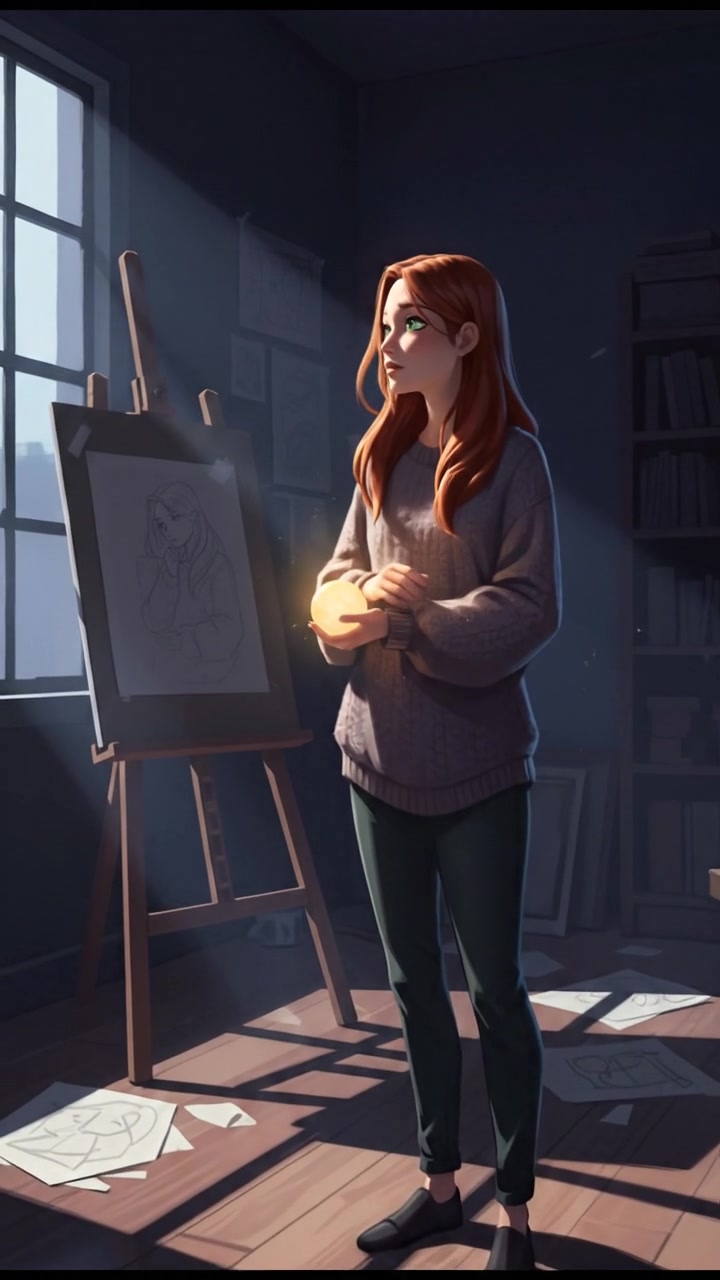 Emma standing alone in a dimly lit room, looking pensive and contemplative.