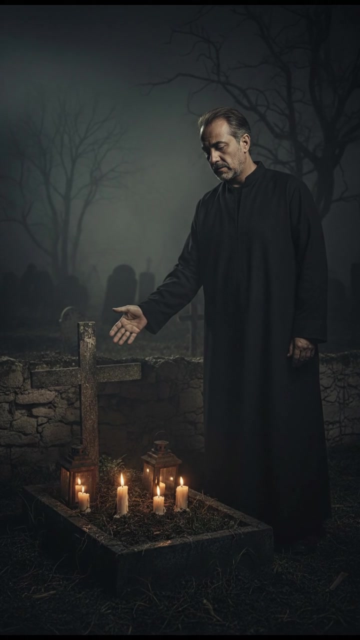 Omar, standing beside a small grave, gestures towards it with a solemn expression.