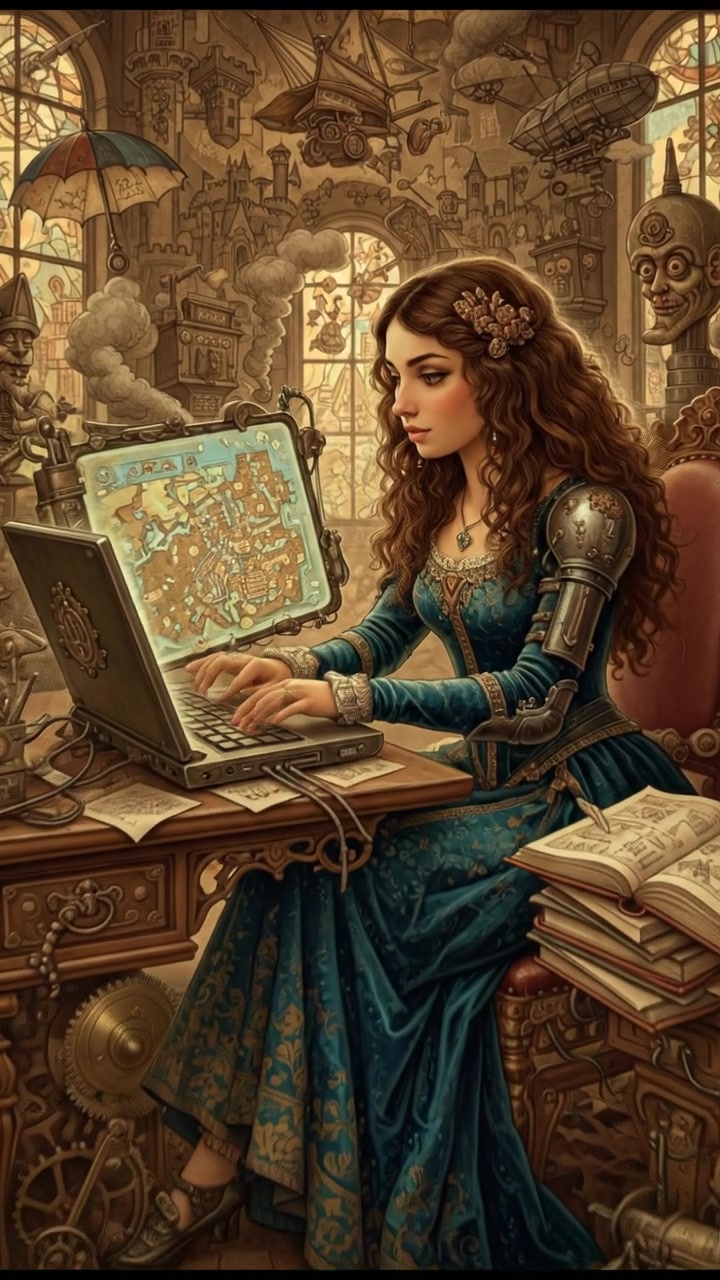 The Maya sitting at a desk, typing on a laptop, with notebooks and pens scattered around.