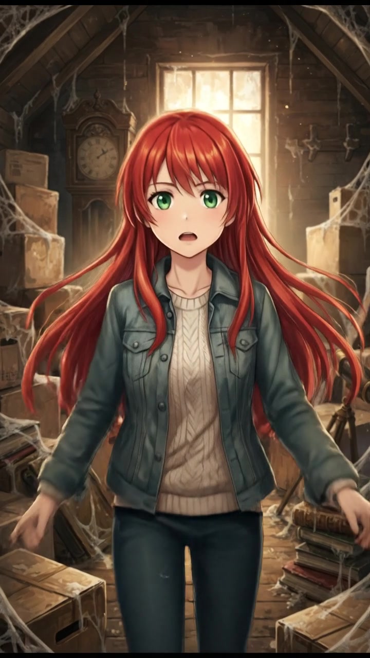 Emma, standing in a dusty attic surrounded by old boxes and cobwebs, looking around intently.