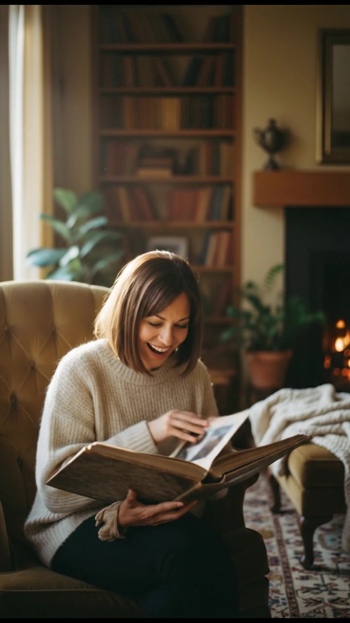 Sara sitting in a cozy armchair, smiling as she holds a dusty photo album.