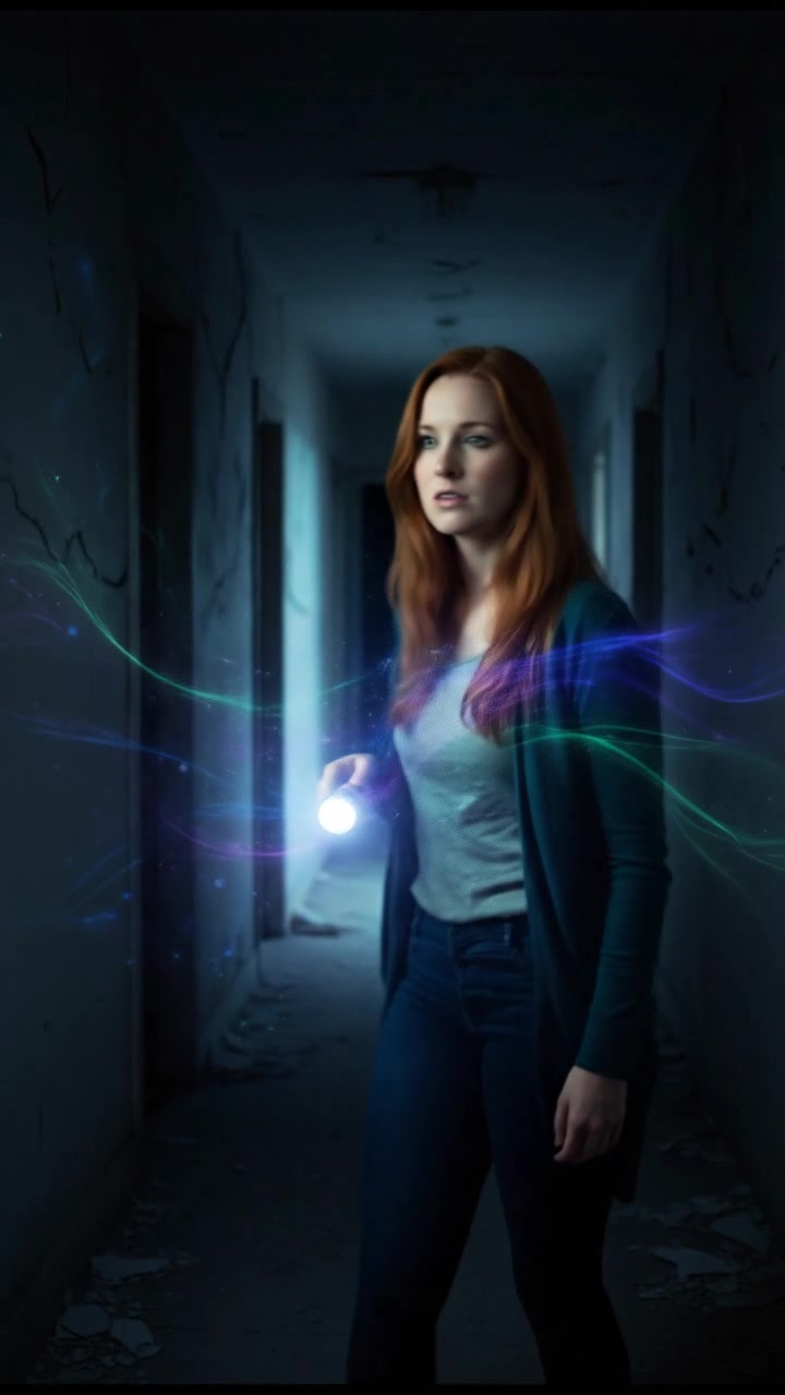 Emma, holding a flashlight, navigates a narrow, dark hallway filled with eerie shadows.
