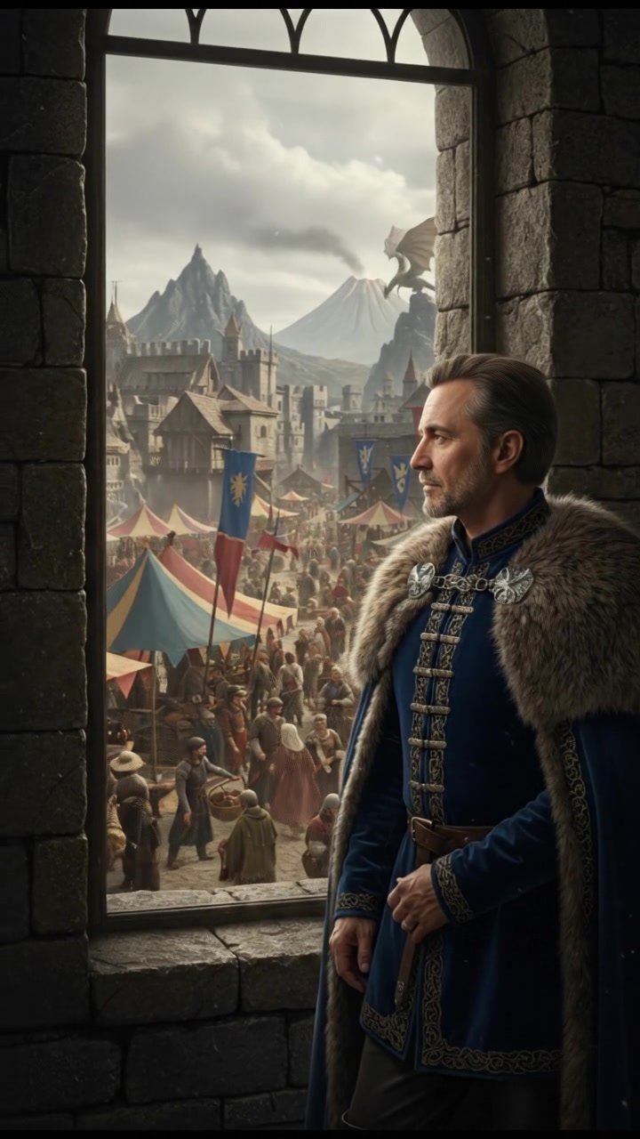 Omar gazing thoughtfully out a window, with a view of a bustling marketplace filled with people.