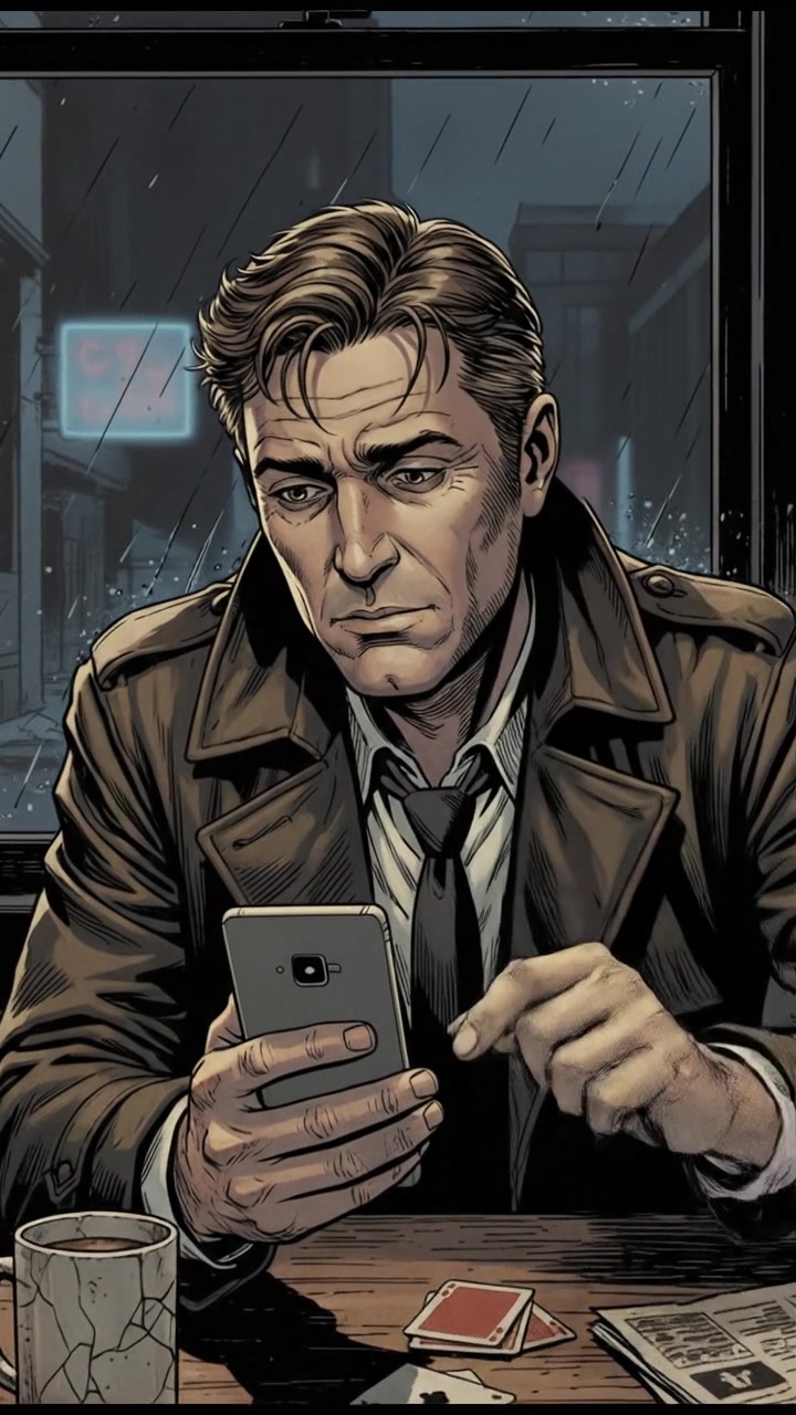 Mark sitting at a table with a phone in hand, deep in thought.