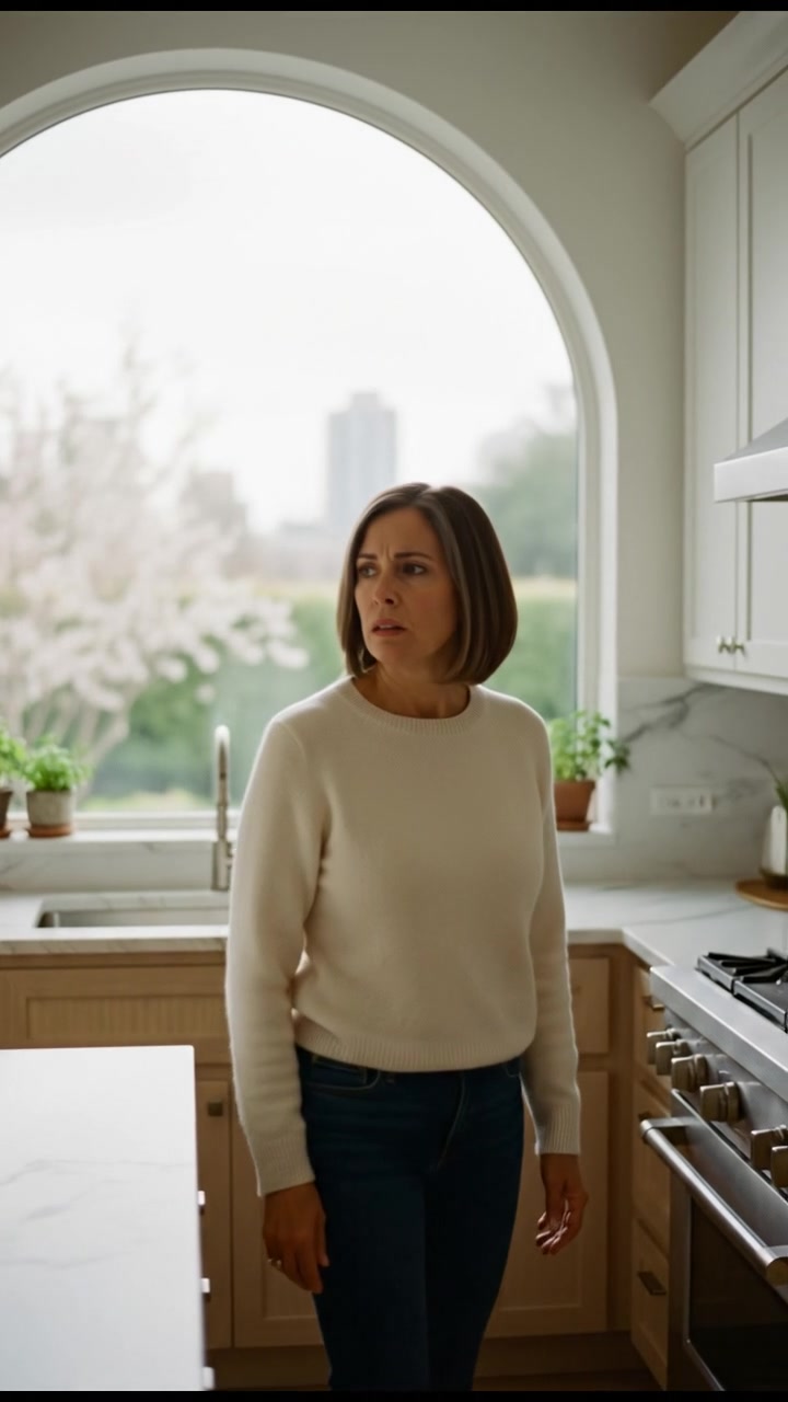 The Sara standing in a bright kitchen, looking out the window with a troubled gaze.