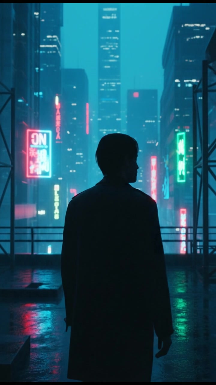 A silhouette of Ken standing on a rooftop, overlooking the city at dusk.