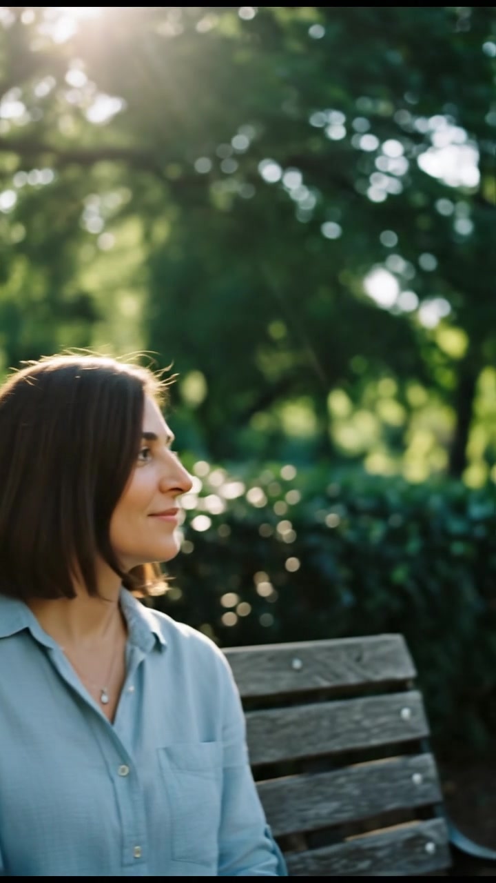 A close-up of the Sara sitting on a park bench, with a serene expression, surrounded by trees and sunlight.