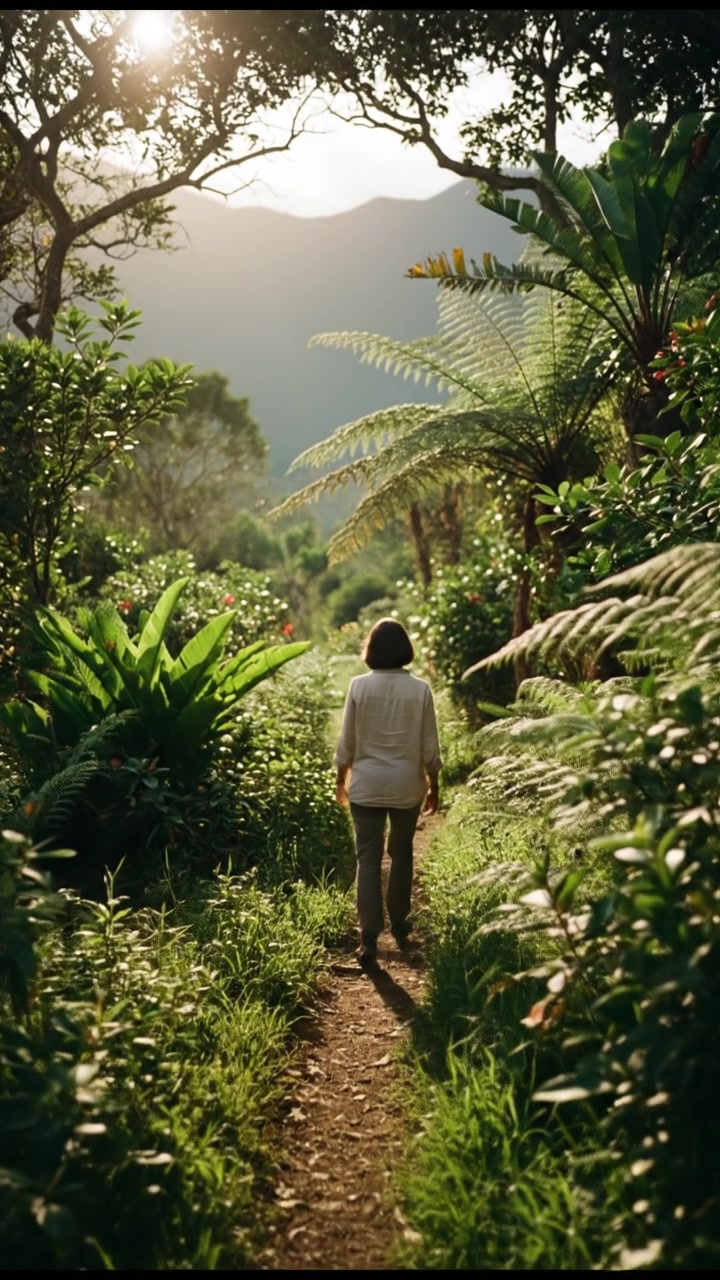 The Sara walking away along a narrow trail, surrounded by lush greenery and sunlight filtering through the trees.