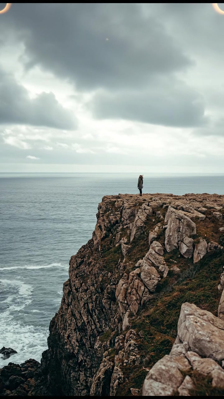 A close-up of the Sara standing on a rocky cliff, looking out at a vast ocean under a cloudy sky.