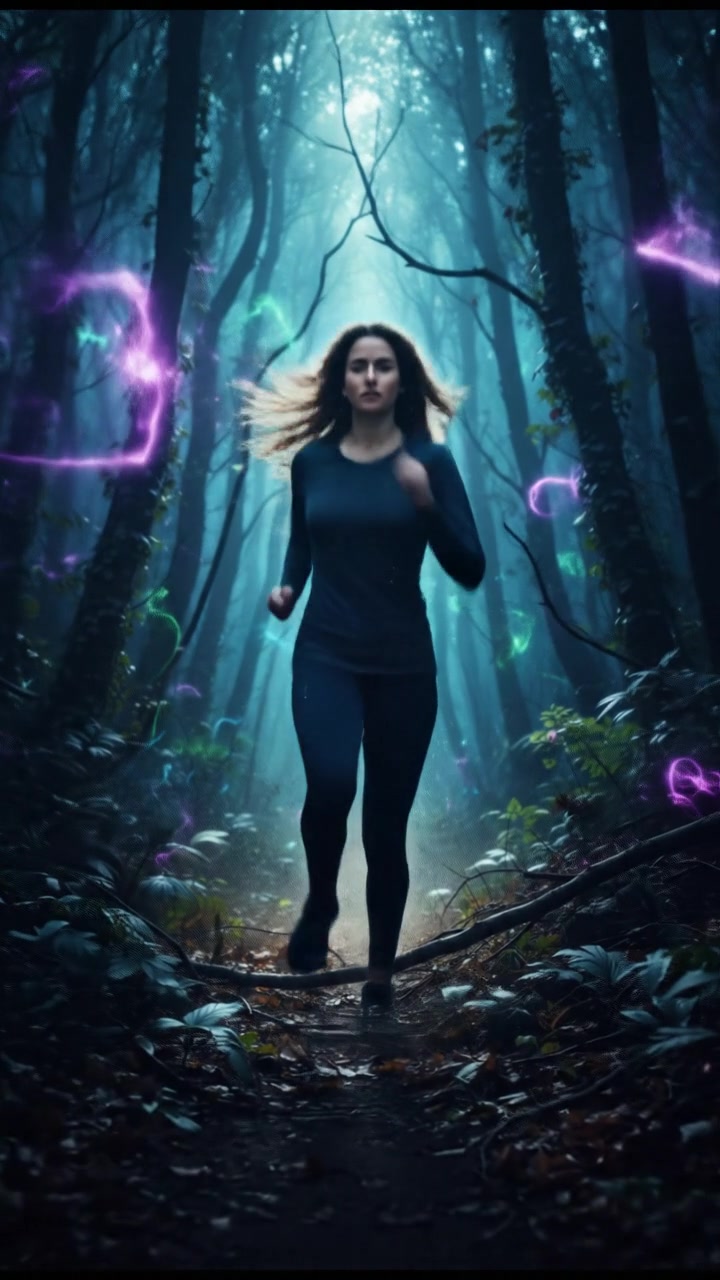 Maya running through a dense forest, her hair flowing behind her, branches snapping under her feet.