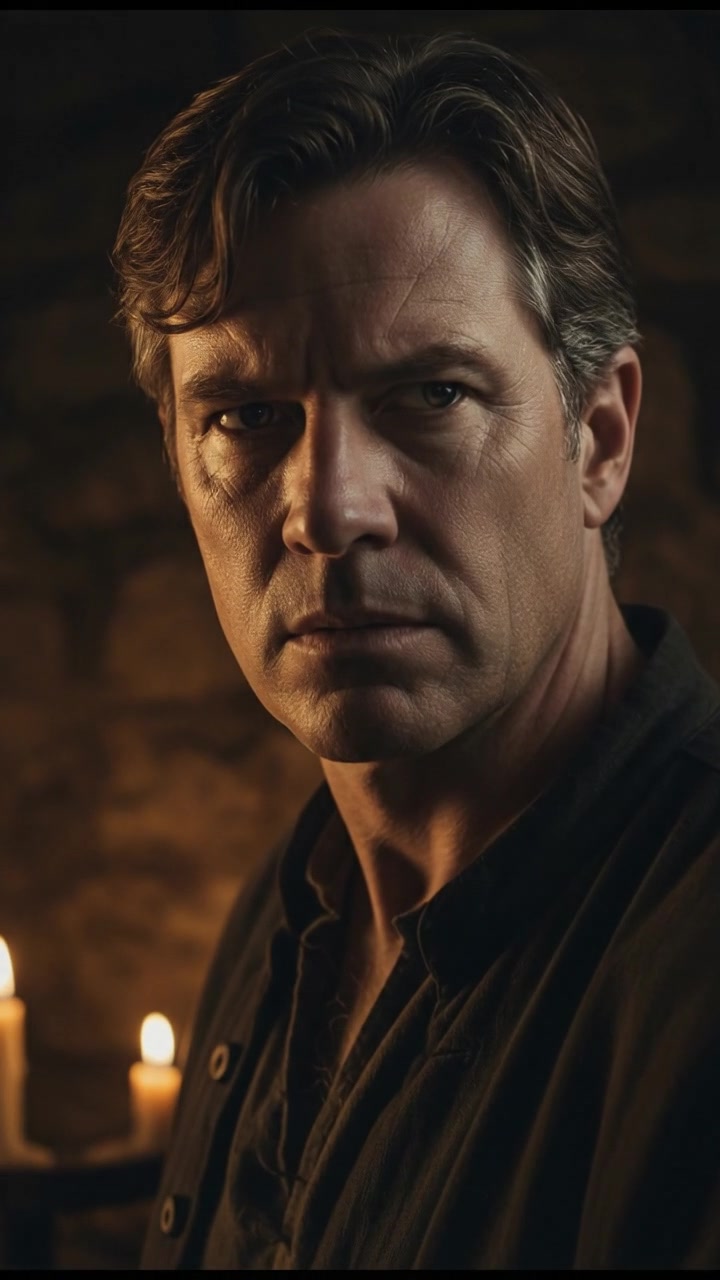 A close-up of Mark in a dark, shadowy environment, his expression focused and alert.