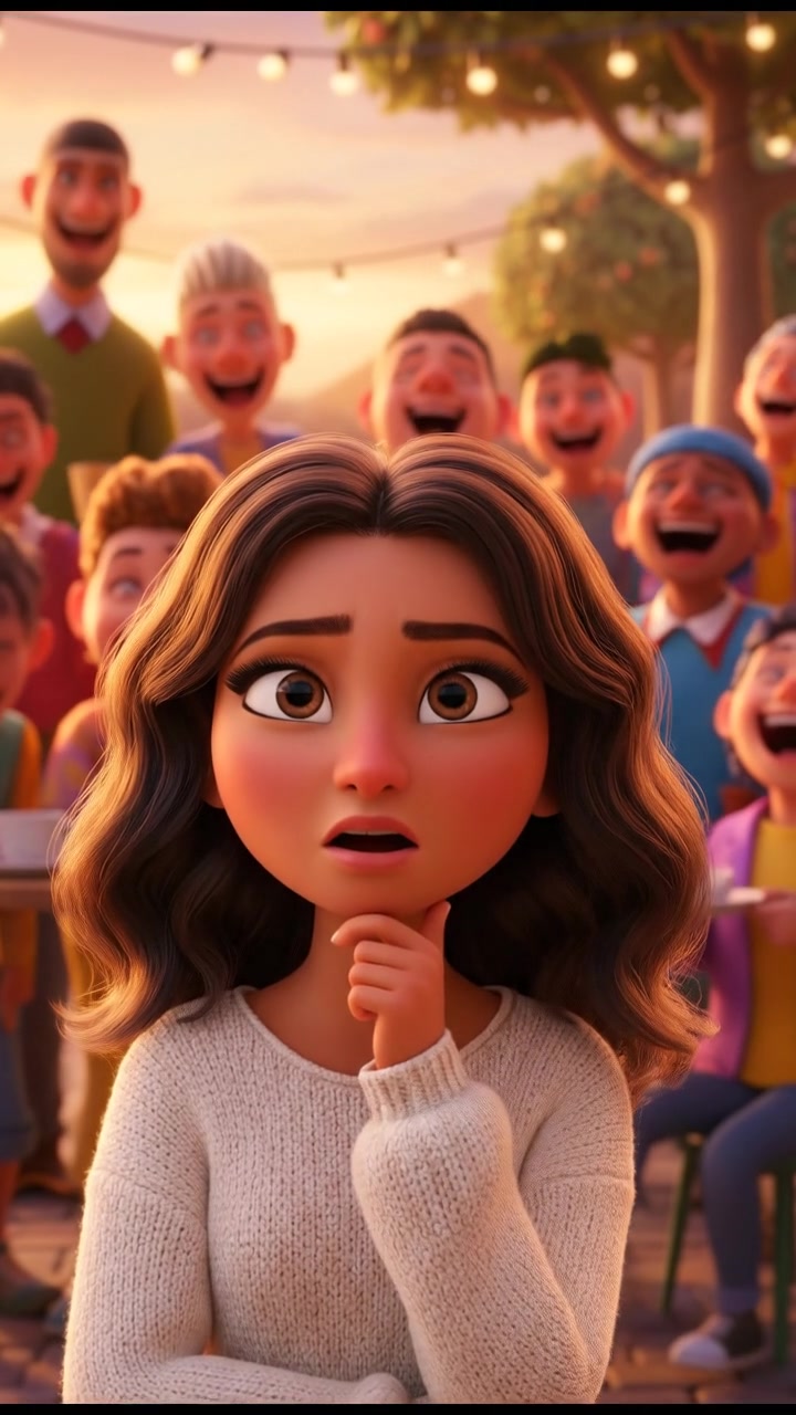 A close-up of Laila looking thoughtful, with a group of people laughing in the background.