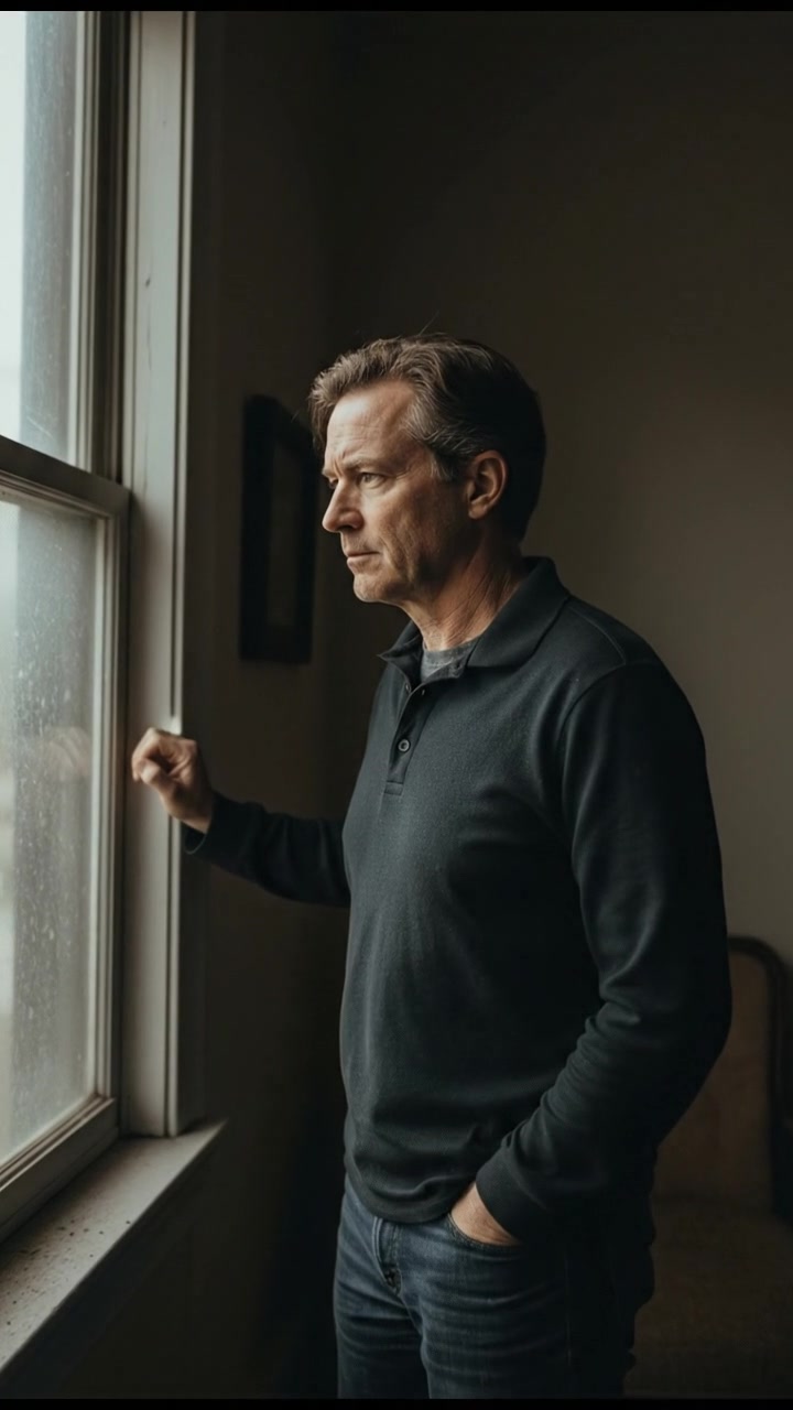 A portrait of Mark standing thoughtfully in front of a dimly lit room, gazing out of a large window.