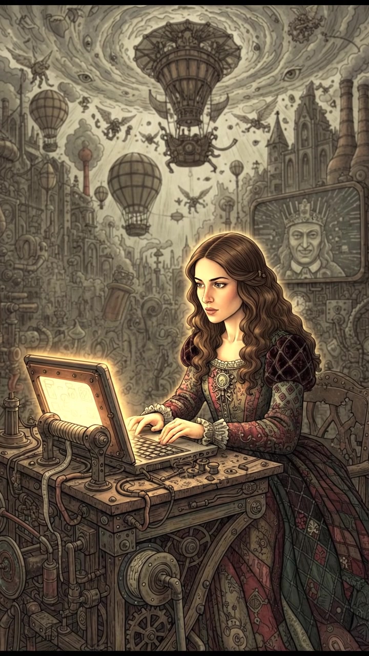 The Maya is sitting at a desk with her laptop open, focused on the screen as she types.