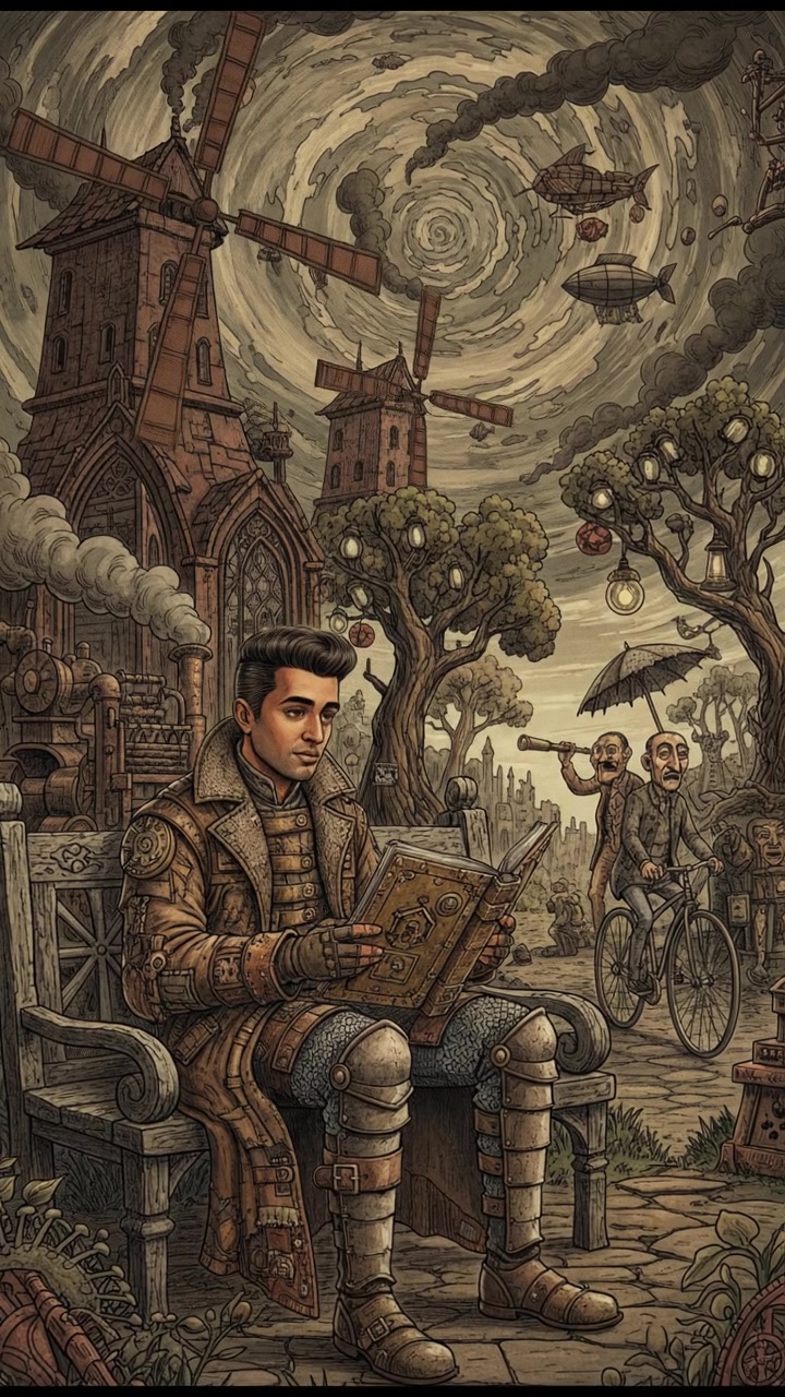 The Arjun sits on a bench in a park, looking down at his sketchbook with a pensive expression.
