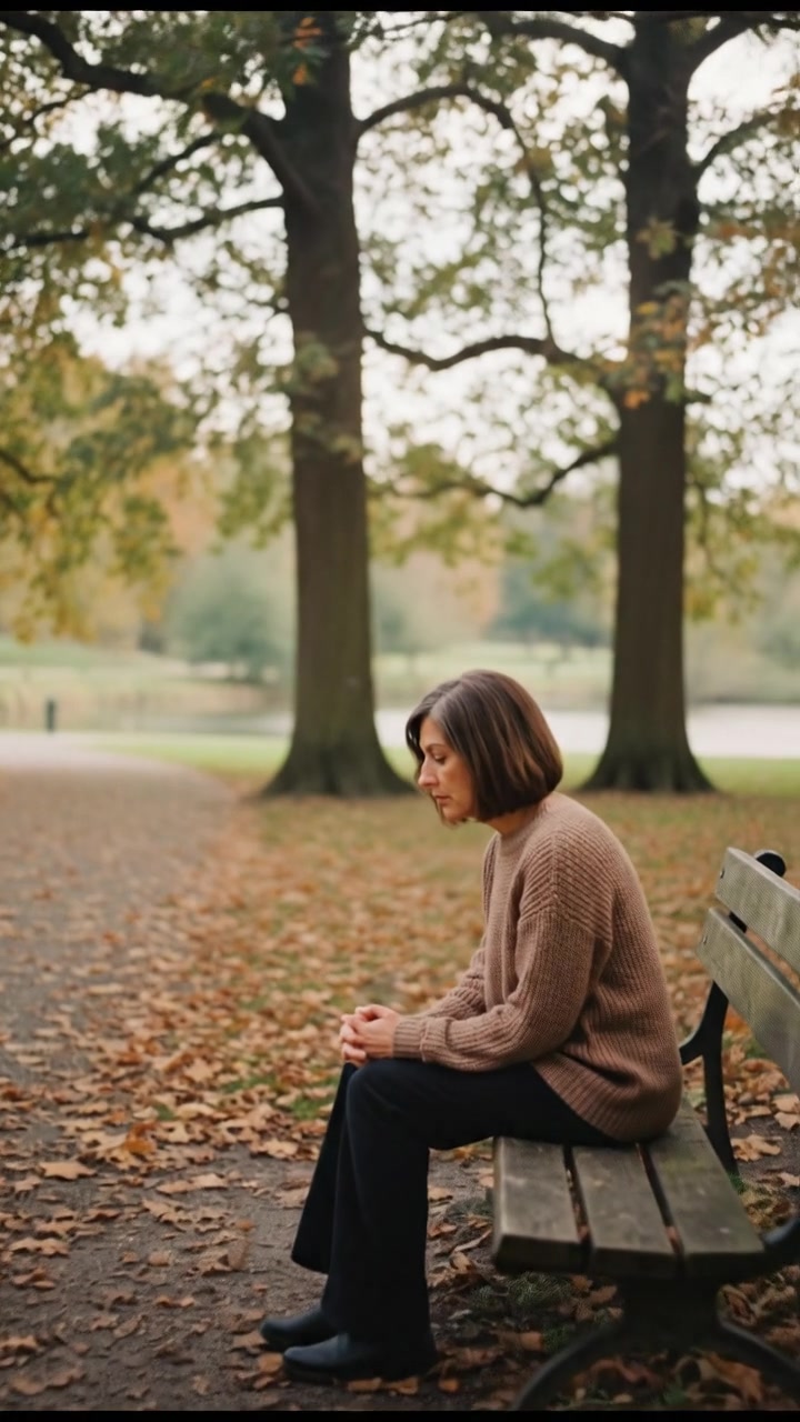 A wide view of a quiet park with the solitary figure sitting on a bench, deep in thought surrounded by tall trees.