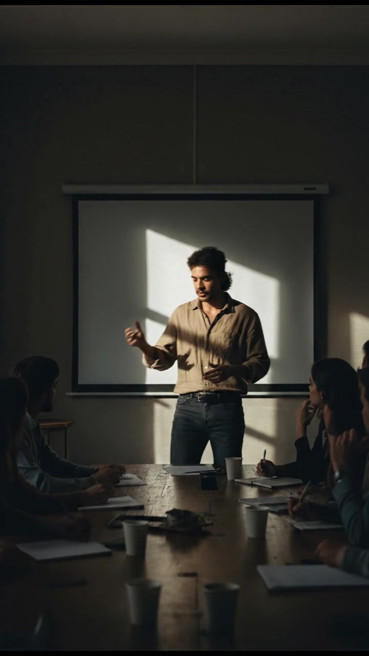 Mateo confidently presenting in a boardroom to a group of attentive colleagues.