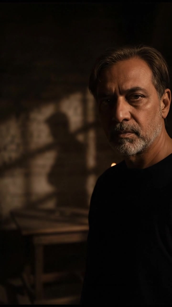 A dimly lit room with shadows, a mysterious Raj standing in the dark, revealing part of his face.