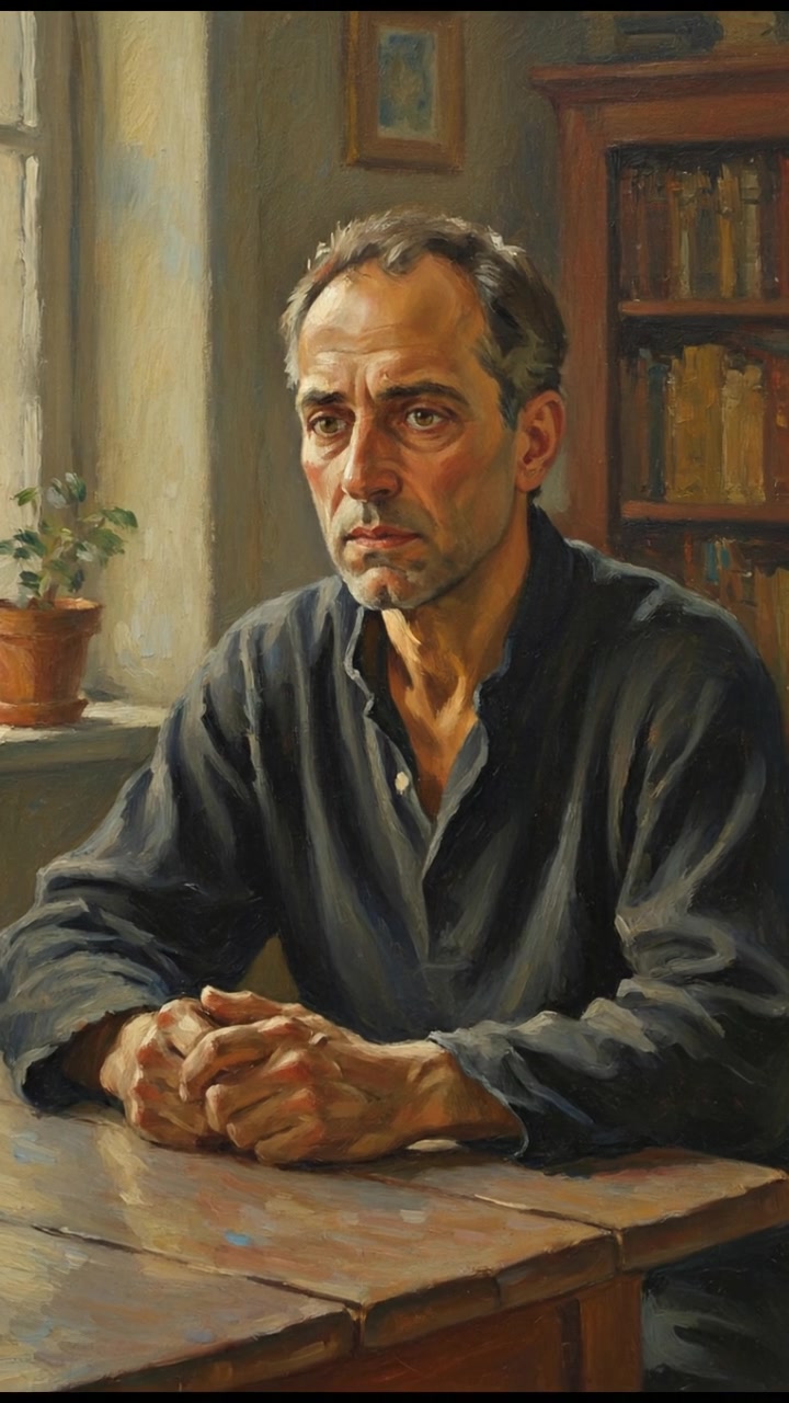 Omar sitting at a wooden table in a dimly lit room, looking contemplative with a worried expression.