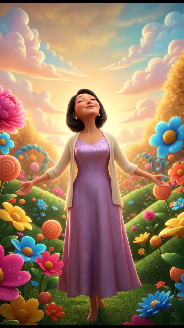 Li standing in the garden, looking up at the sky, surrounded by vibrant flowers, reflecting peacefulness.