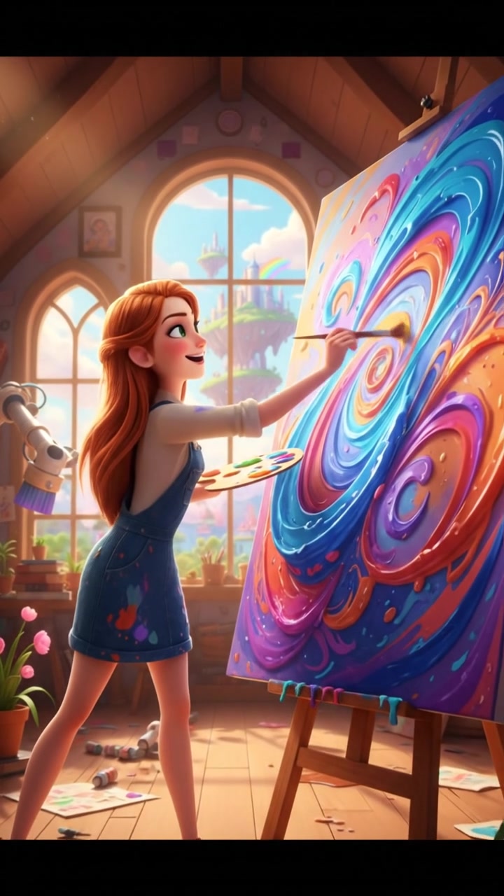 Emma standing in front of a large canvas, painting vibrant swirls of color.