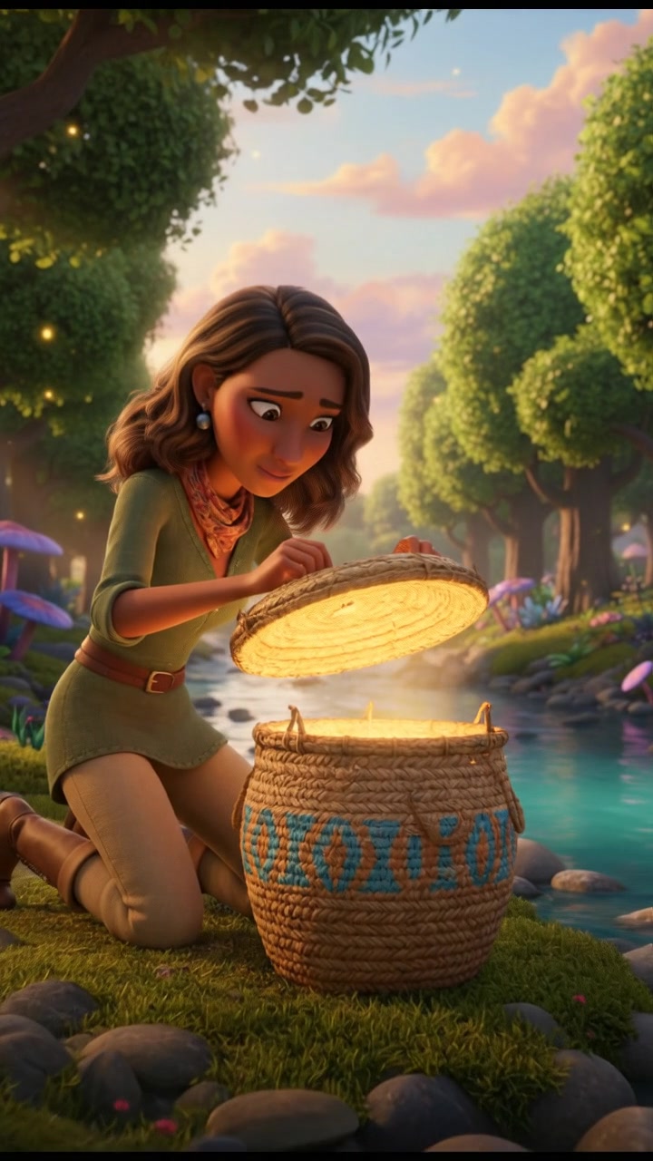 Monique kneeling by the riverbank, opening a woven basket with a curious expression.