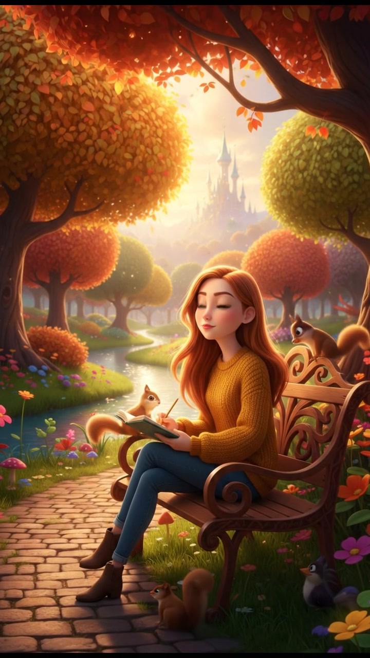 Emma sitting on a park bench, looking contemplative with a notebook and pencil in hand.