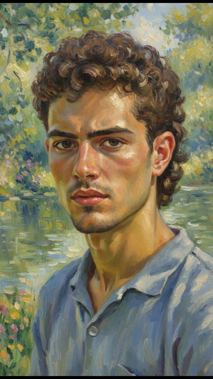 A close-up of Mateo, looking directly at the viewer with a determined expression, surrounded by nature.