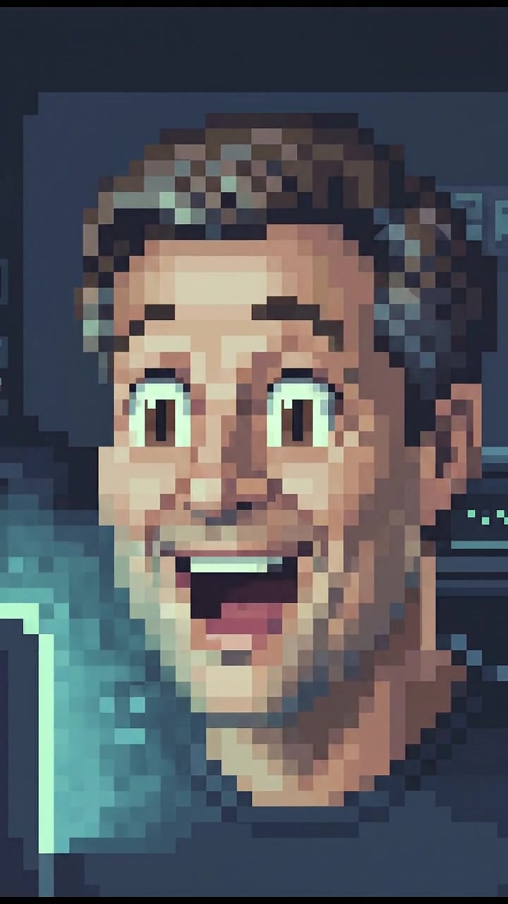 A close-up of Mark's face with enthusiasm, while localized glowing light from the computer screen illuminates him.