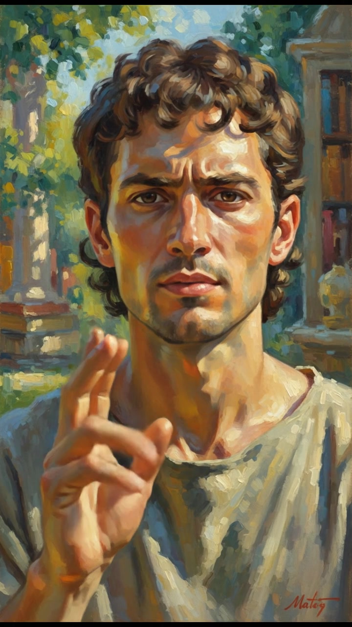 A close-up of Mateo looking intently, expressing wisdom as he gestures with his hand.