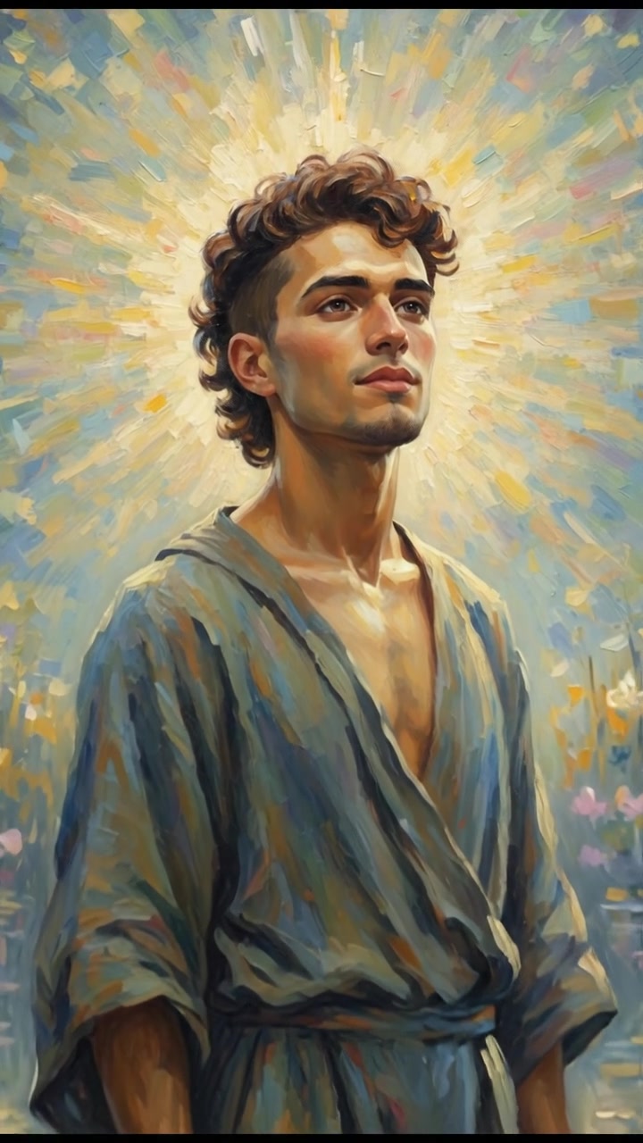 An inspiring image of Mateo with a radiant light behind him, signifying his divine role.