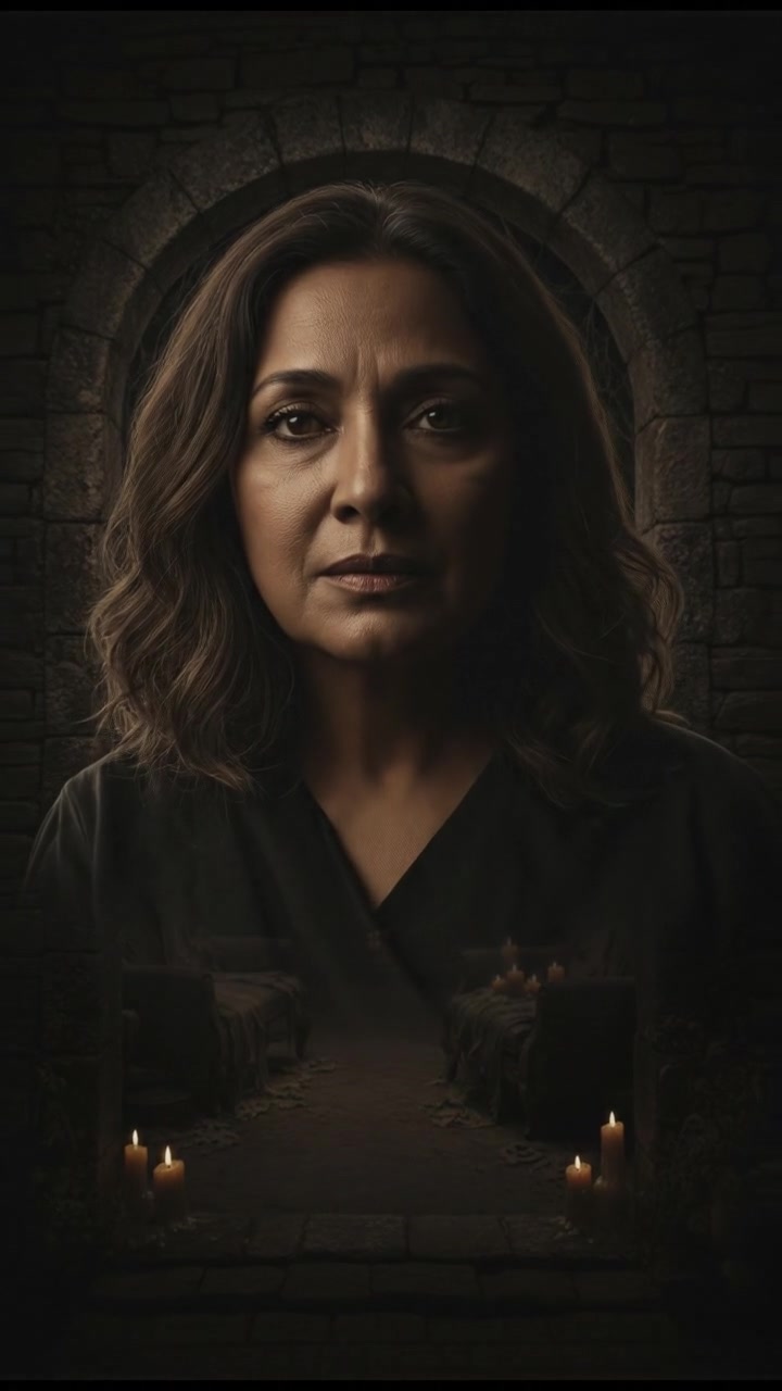 A close-up of Riya standing at a doorway, observing a dimly lit, mysterious room filled with shadows.