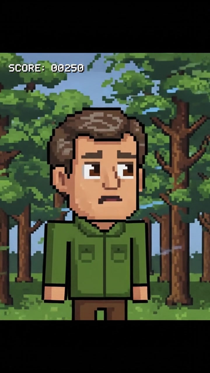 A worried view of Mark's face as he stands in a forest, with trees swaying around him.