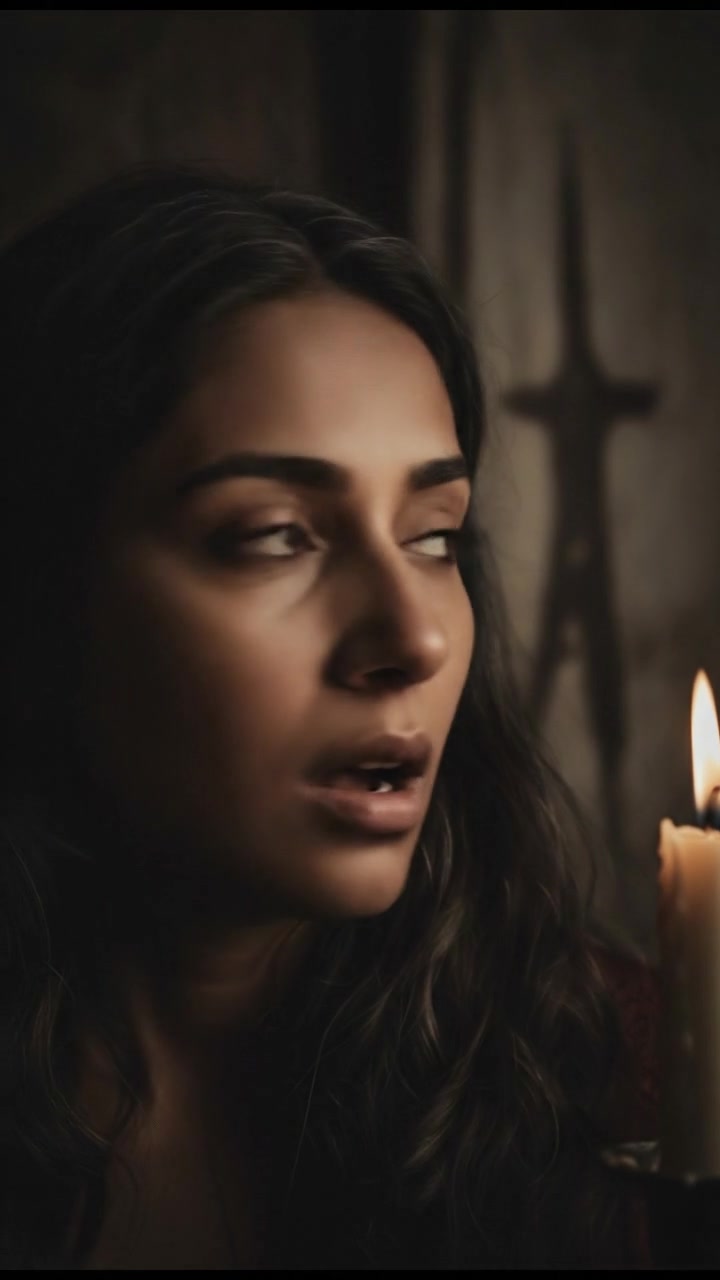 A close-up shot of Riya's face, expressing surprise as she glances to her right.