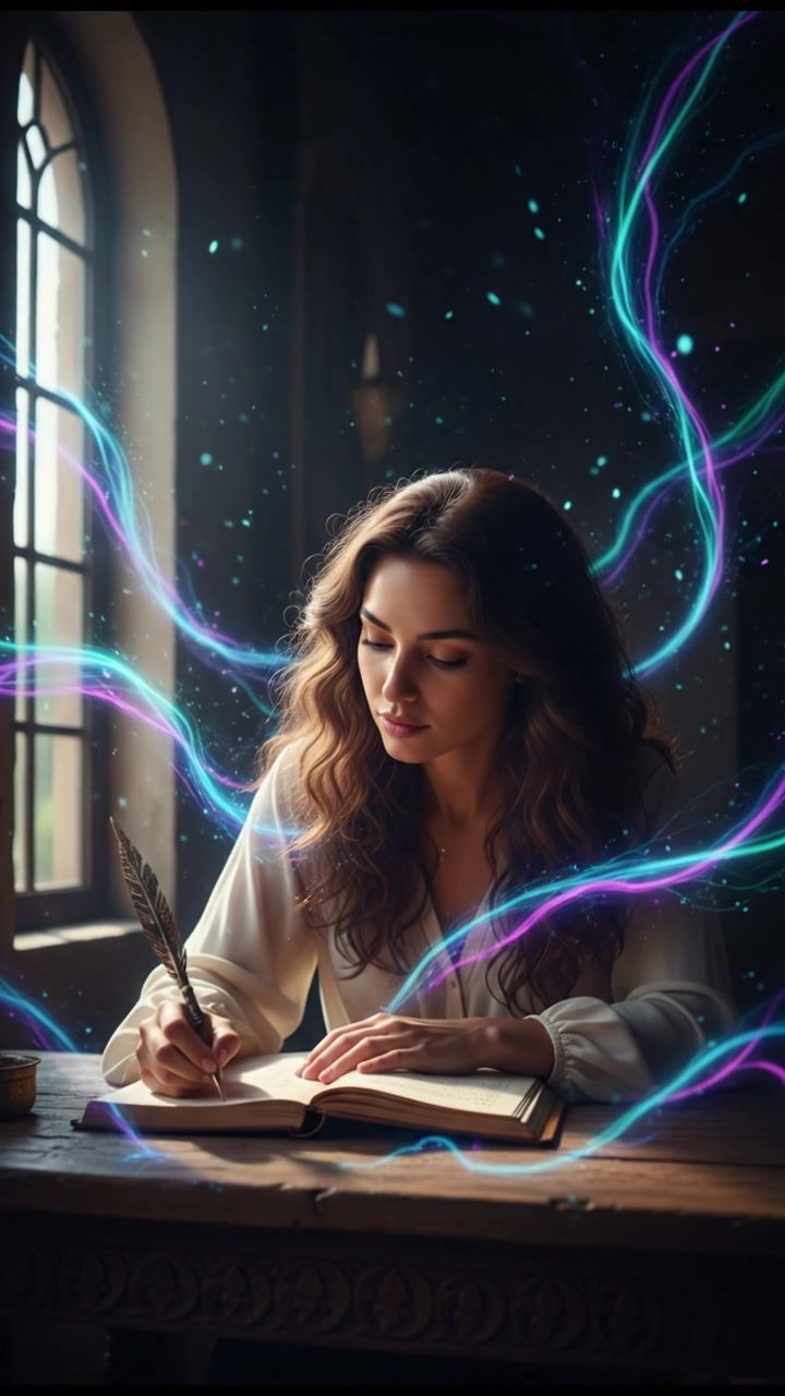 Maya sitting at a wooden table, writing in a notebook, with sunlight streaming through a window.