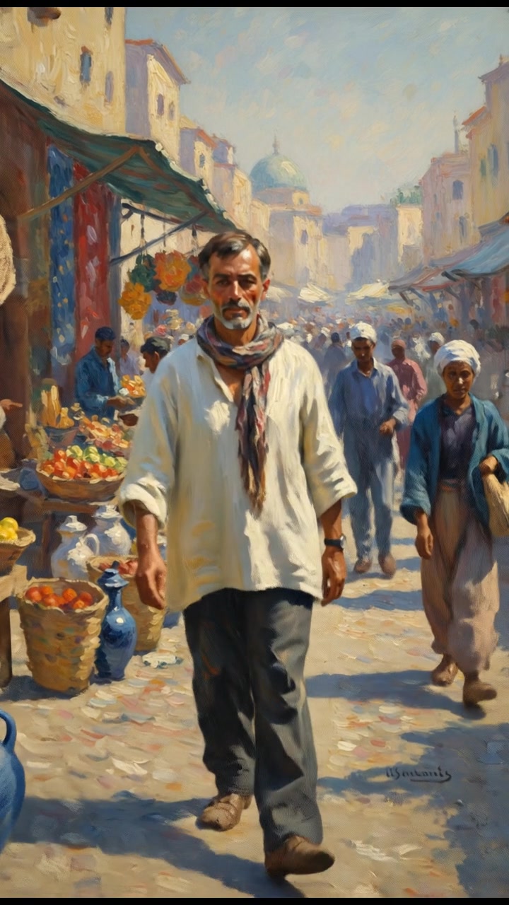 A bustling marketplace in a city, with Omar walking among the stalls.