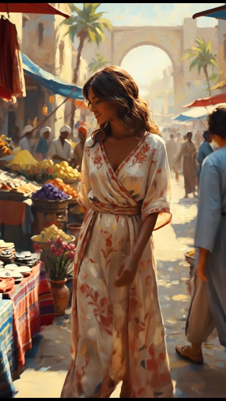 Monique standing in a bustling market surrounded by traders and exotic goods.