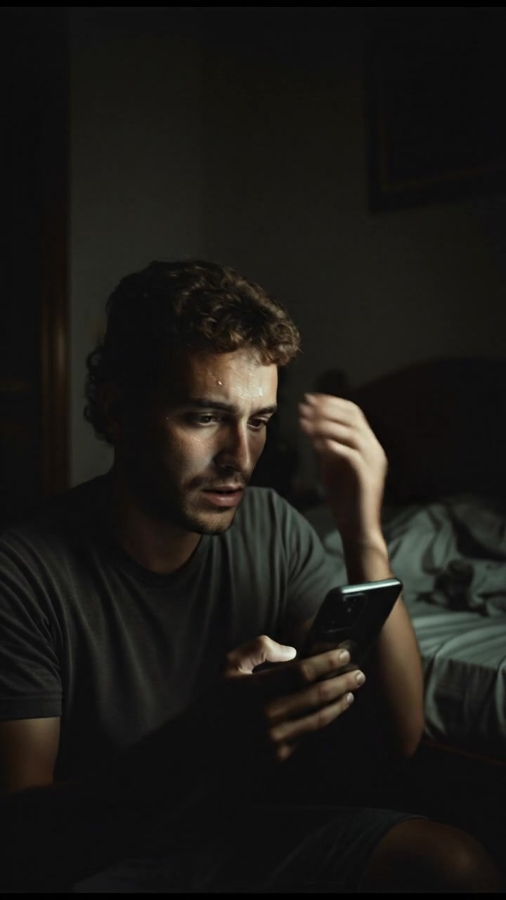Mateo staring at his phone in the dead of night, sweat trickling down his face.