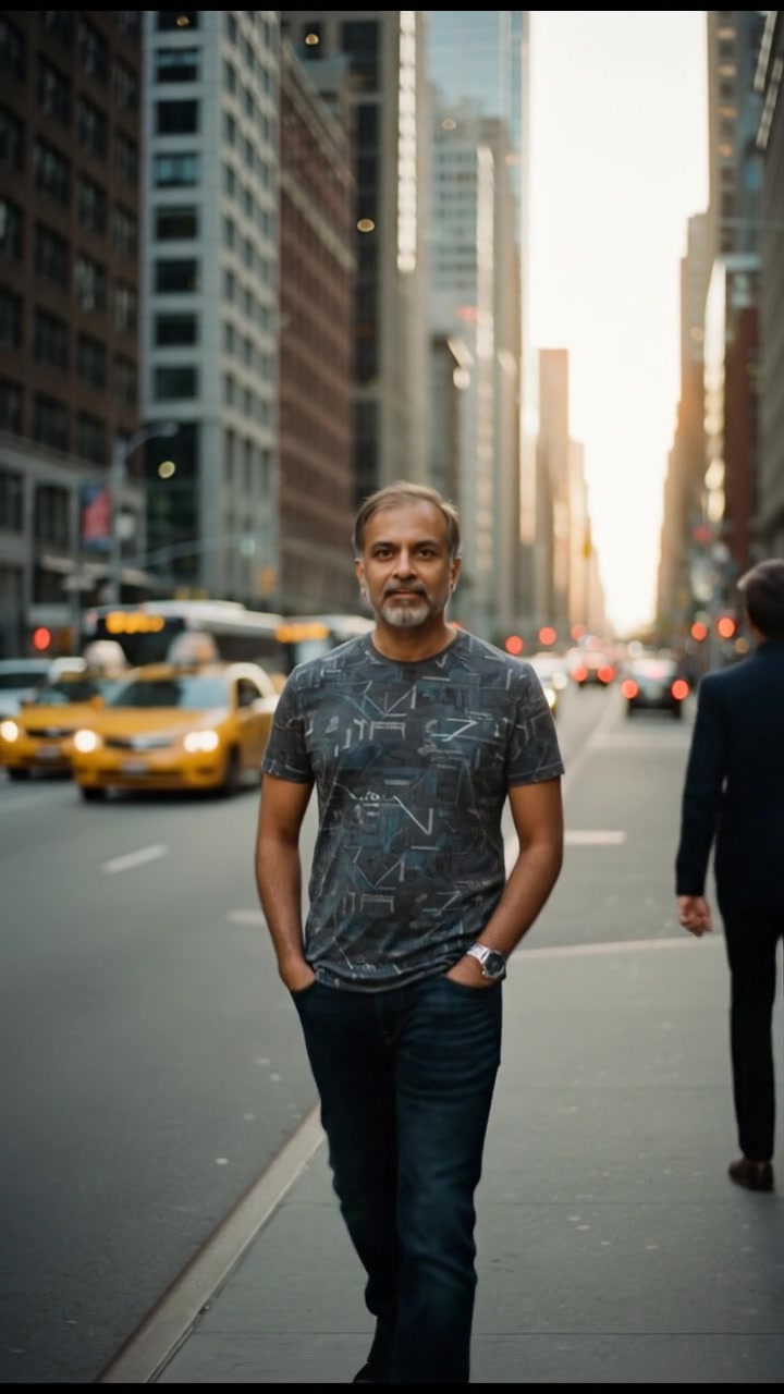 The Raj wearing a stylish t-shirt, standing confidently on the sidewalk with a city street in the background.