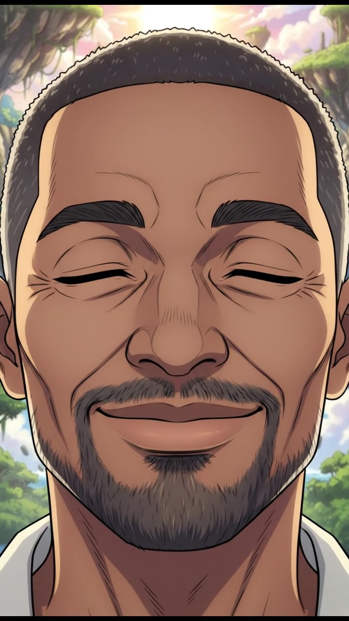 A close-up of The Kwame's face, eyes closed, with a smile, seemingly lost in thought.