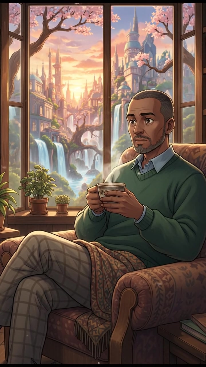 The Kwame sitting on a cozy armchair, looking thoughtfully out a window with a warm cup of tea in hand.