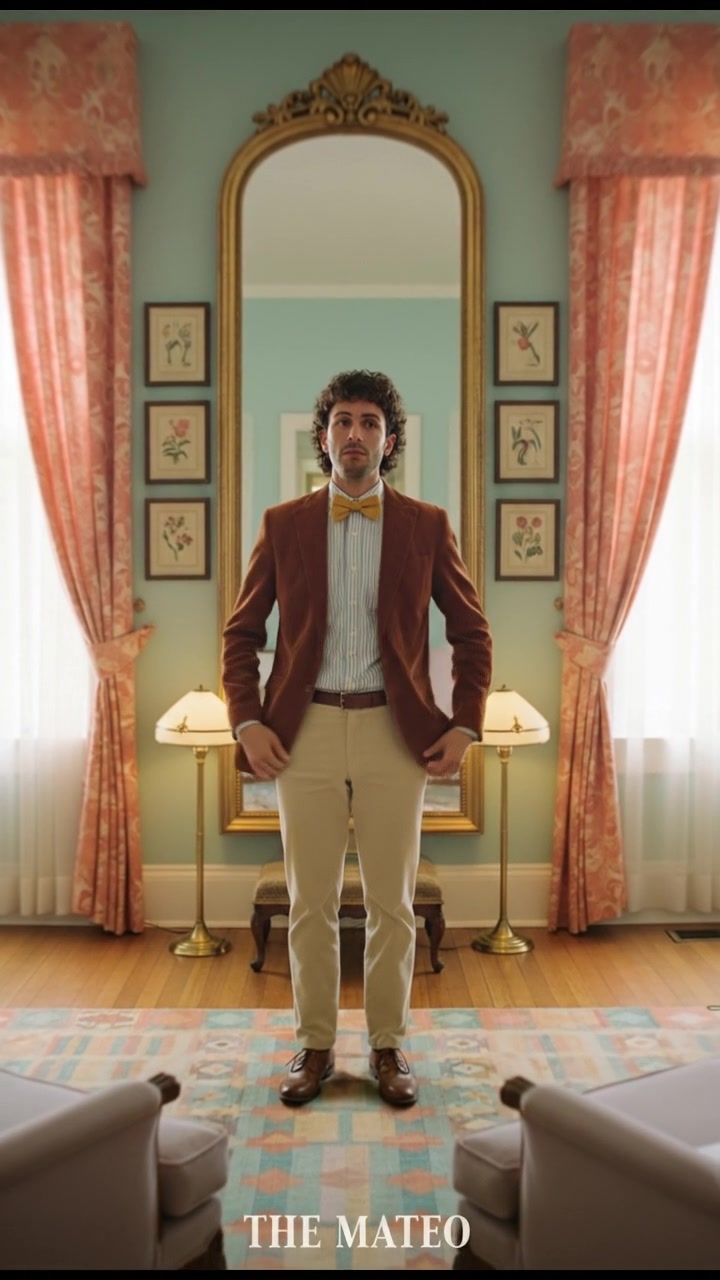 The Mateo standing in front of a mirror, contemplating his reflection in a warmly lit room.