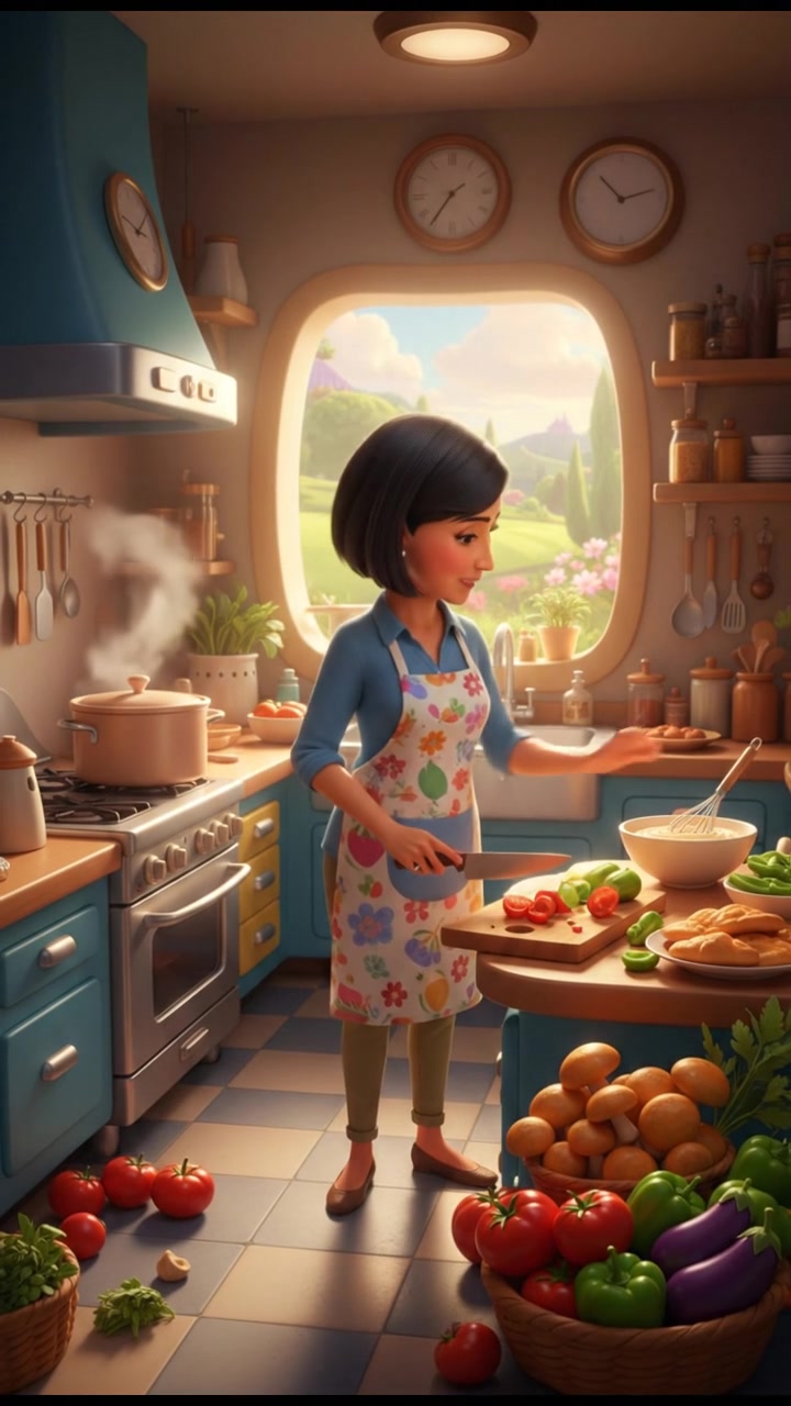 Li preparing a meal in the kitchen, surrounded by fresh ingredients.