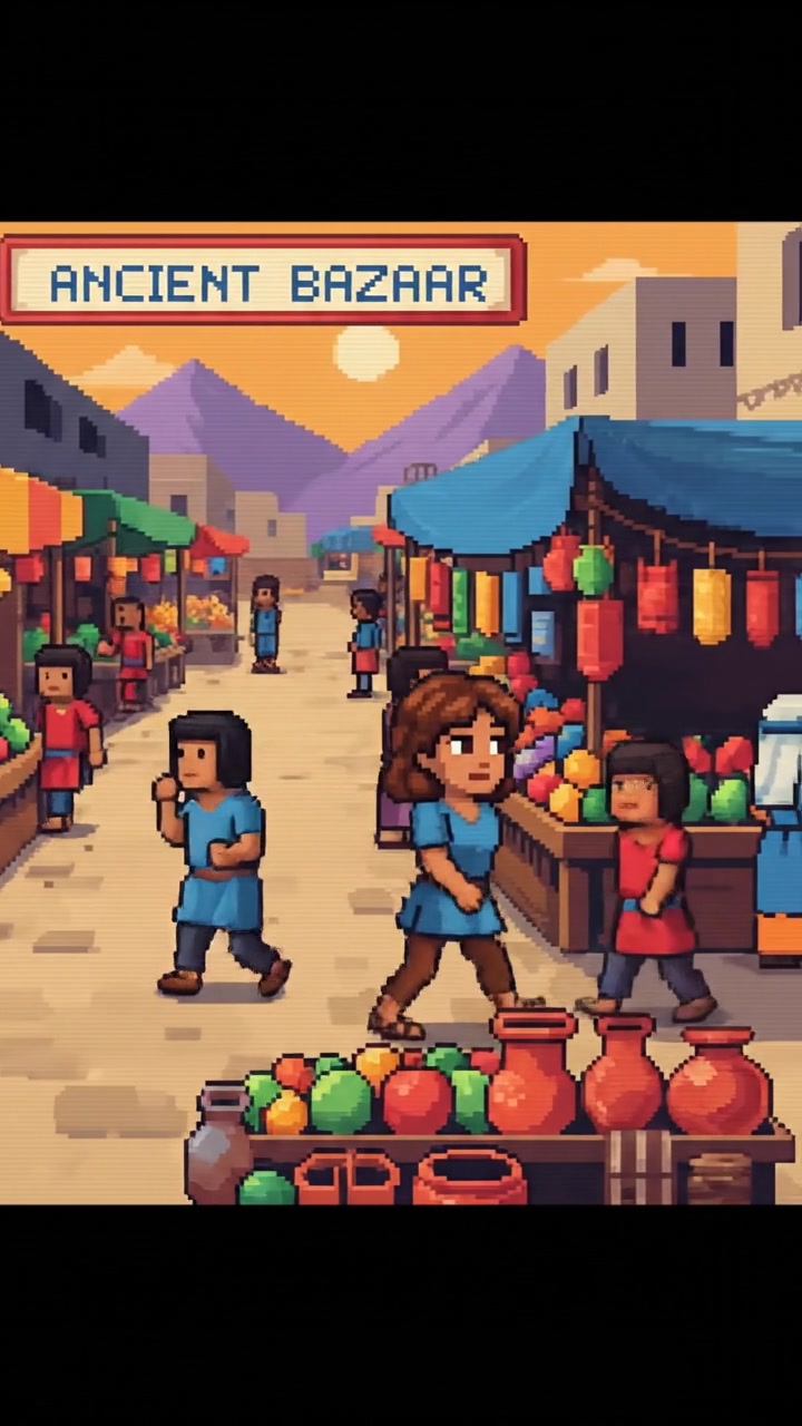 The Laila walking through a bustling marketplace with colorful stalls and people around her.