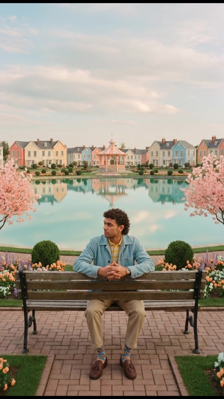 Mateo sitting on a bench by a lake, staring thoughtfully at the water's reflection.