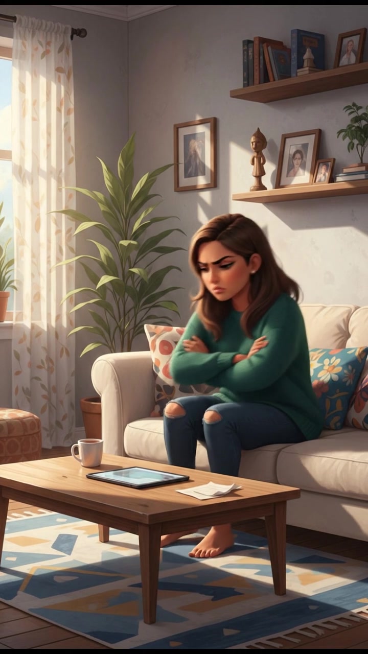 Inside a cozy living room with Priya sitting on the couch, leaning against the wall, looking frustrated.