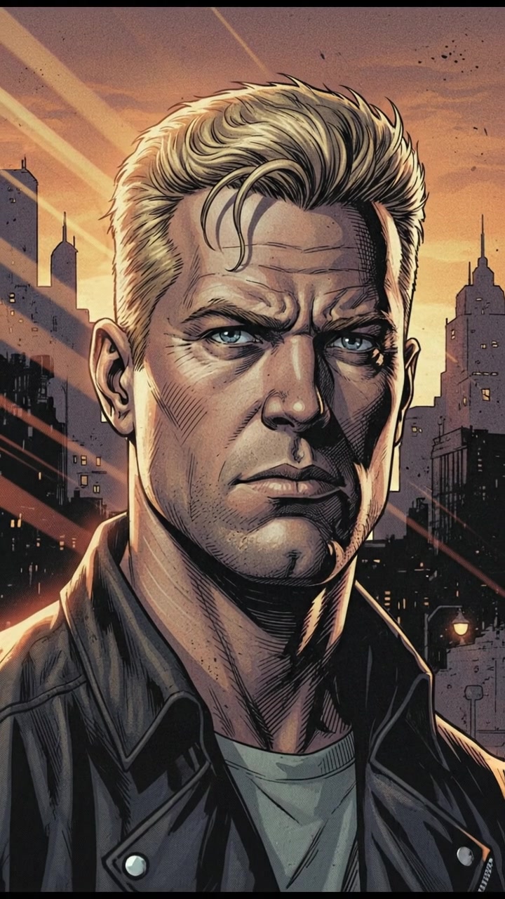 A close-up of Ryan's face, showing a determined expression, with a soft sunrise casting light upon him.