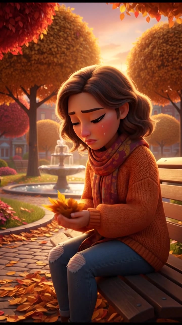 Laila sitting on a park bench looking down with a sad expression, surrounded by autumn leaves.