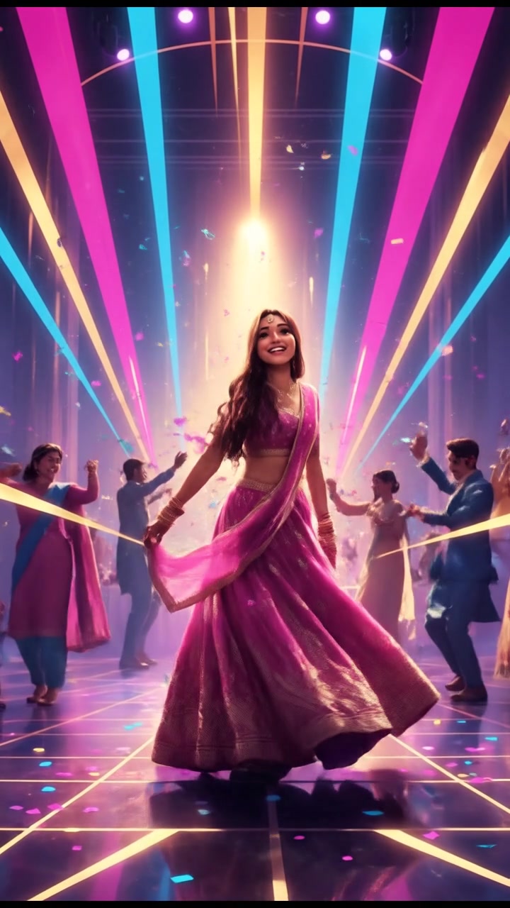Priya dancing happily on the dance floor at a wedding, with colorful lights around.